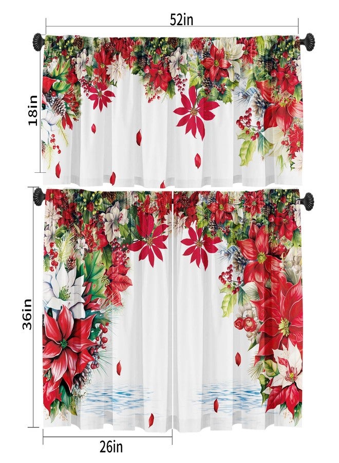 SUNWISHA Christmas Poinsettia Curtain Valances 3 Piece Set Upper Curtain 52'' Lx18'' W & Lower Curtain 36'' L X 26'' W X2 Kitchen Windows Decor Red - Image 2